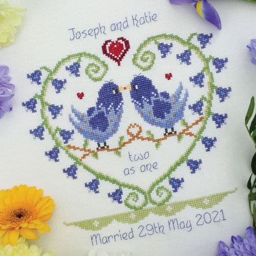 Bluebell Heart Wedding printed cross stitch chart by Nia Cross Stitch